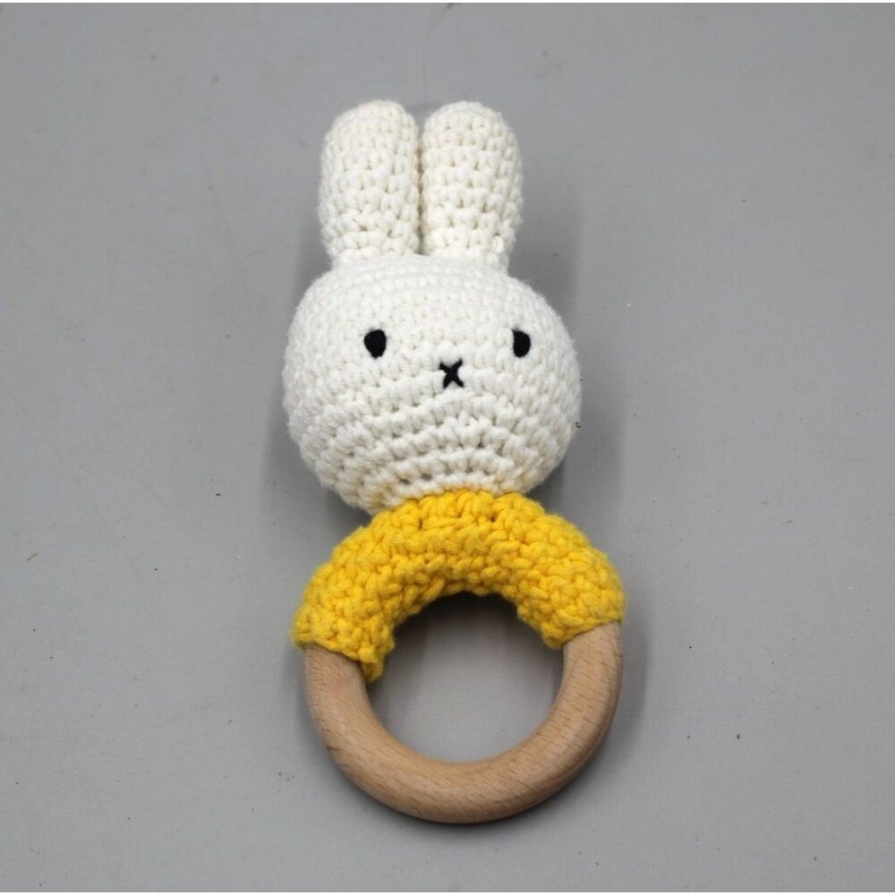 Just Dutch Miffy Bunny Rabbit Crochet Plush Rattle Wooden Ring Yellow White 7"